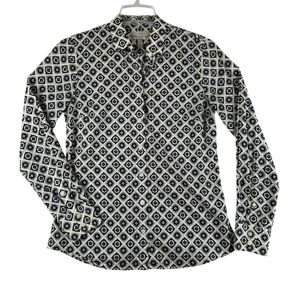 J.Crew Button Up Shirt Womens 2 Blue Perfect Geometric Print Long Sleeve Cotton